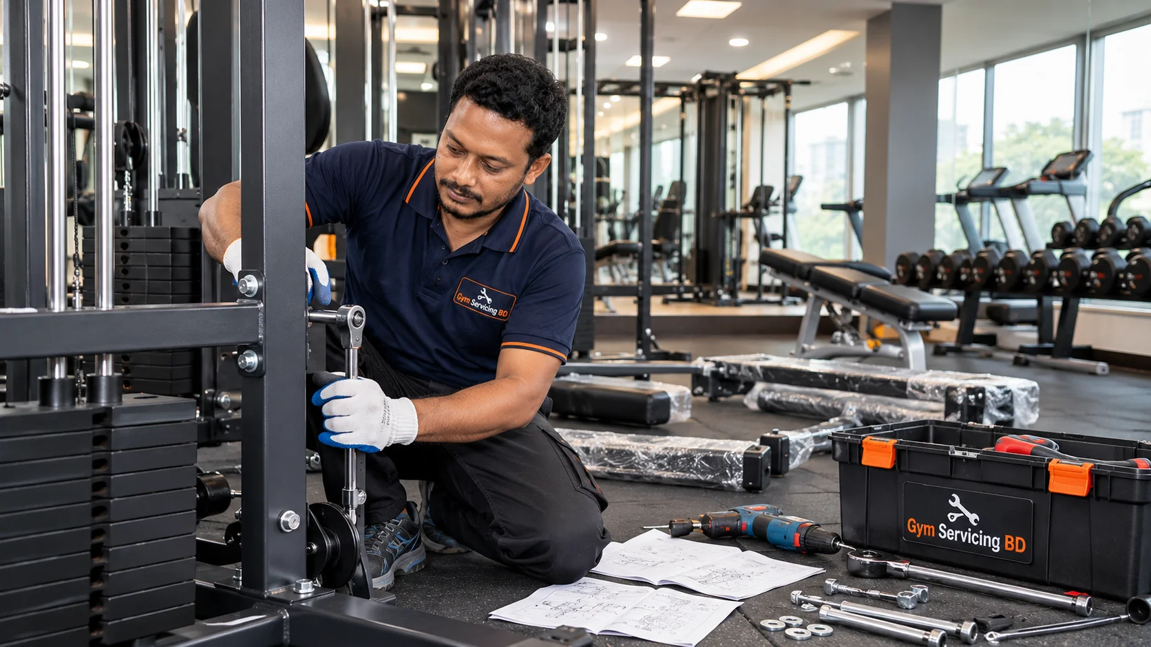 Technician checking a gym-machine frame with model instructions laid out nearby