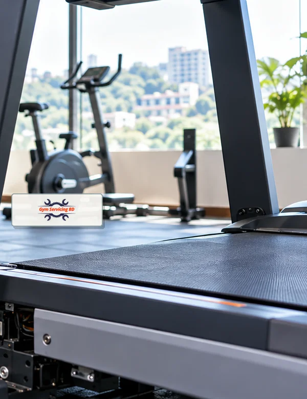 Illustrative stationary exercise bike beside a treadmill in a bright fitness room with an open floor area.