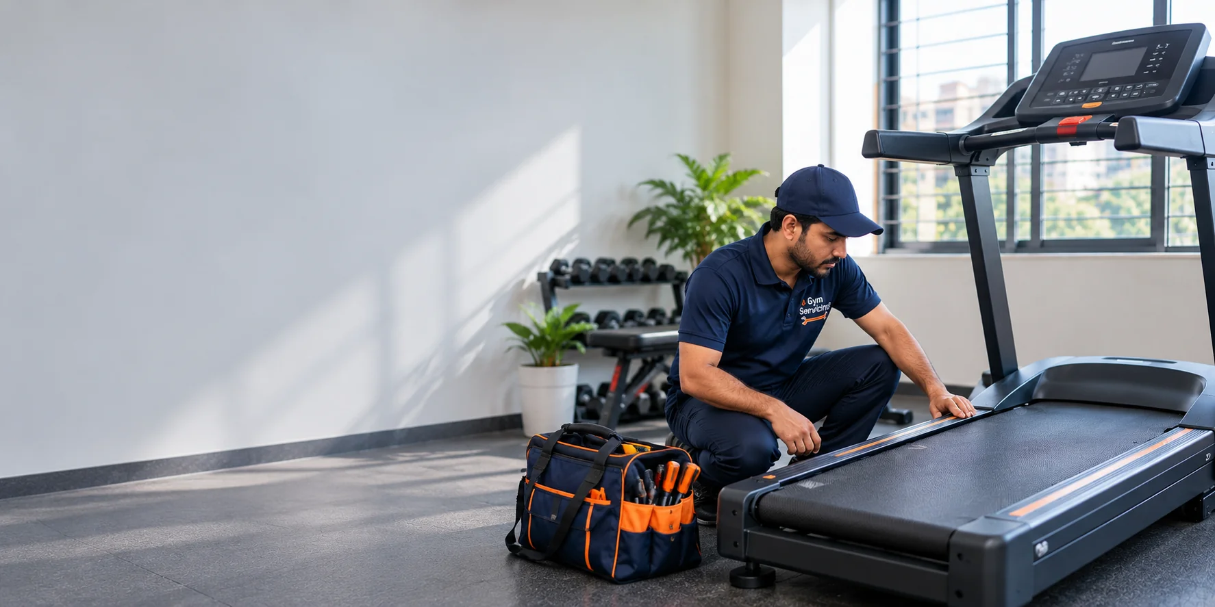 Illustrative technician inspecting a stationary treadmill in a bright gym room.