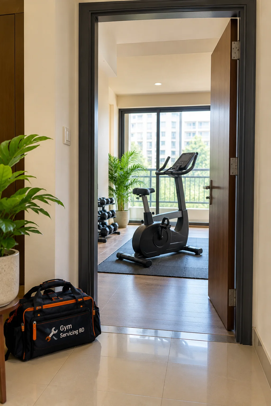 Clear doorway into an exercise room, with a stationary upright bike and service tool bag