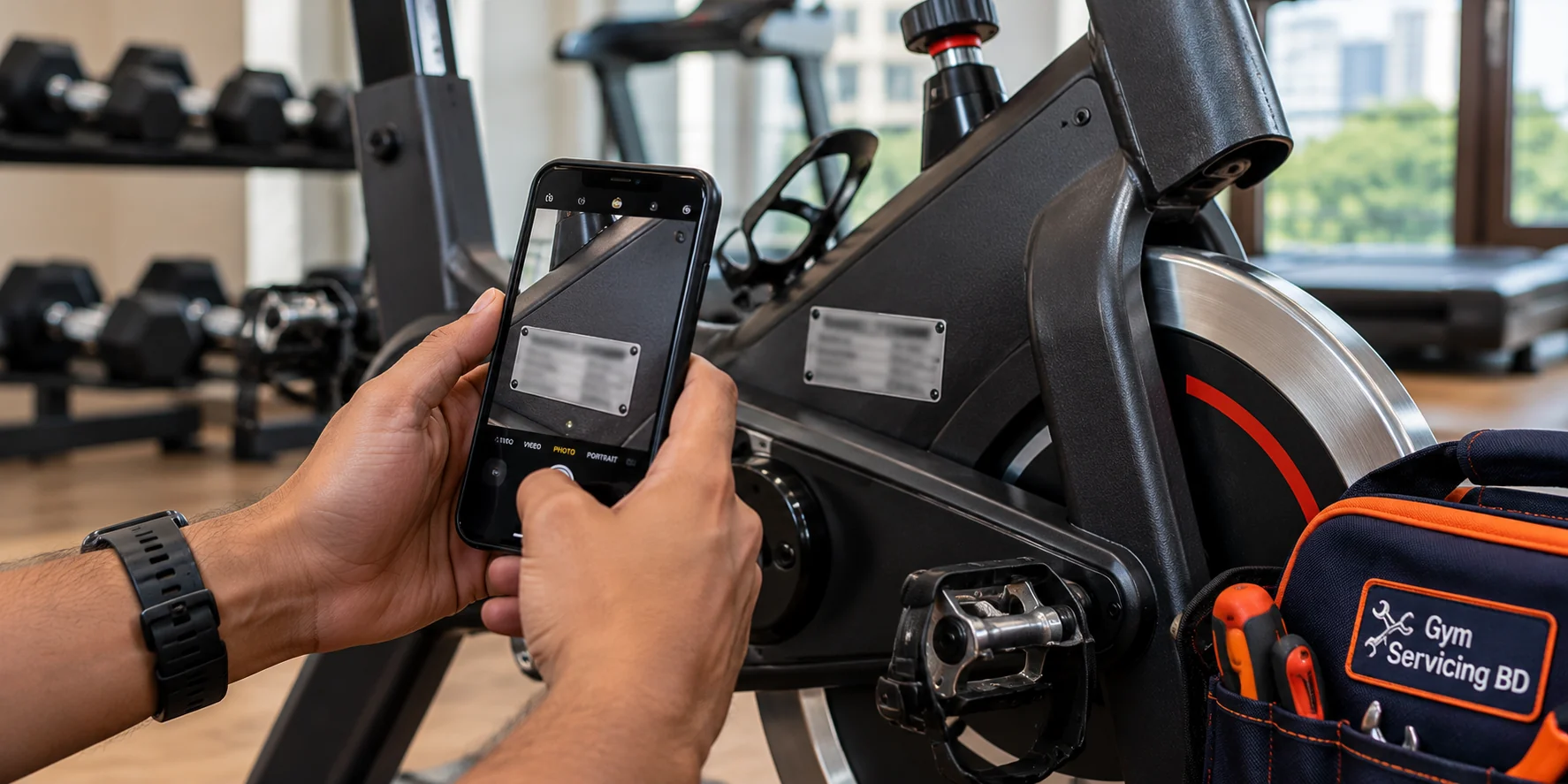 Hands photographing a stopped exercise bike model label with a phone