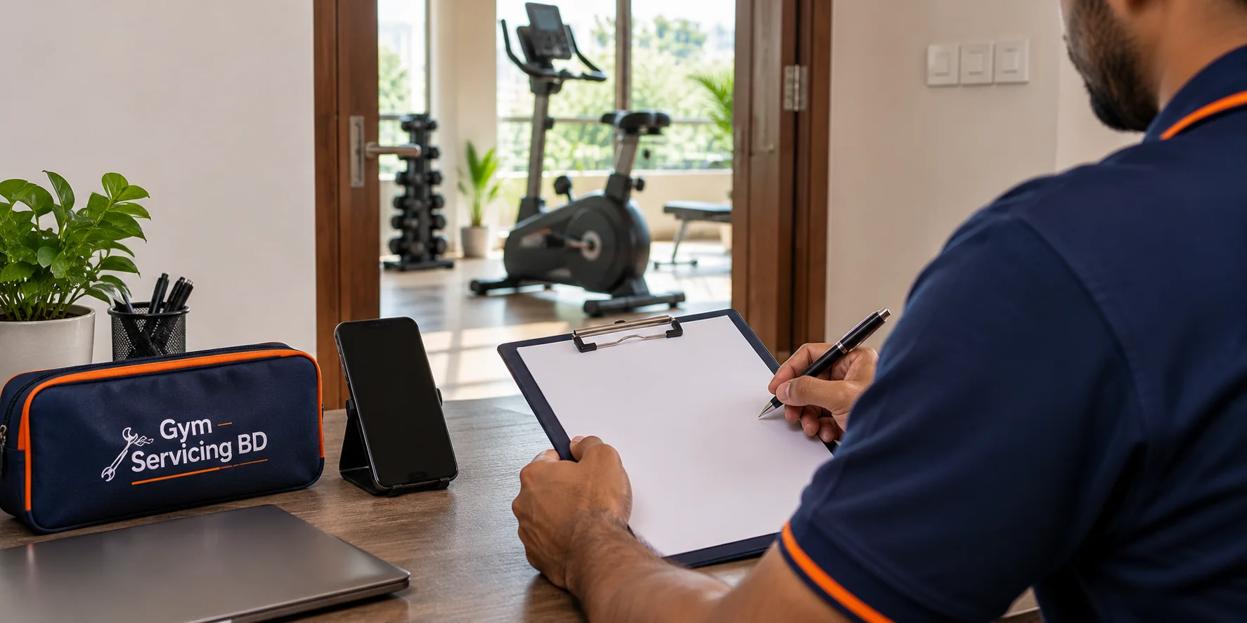 Person preparing a blank gym service request at a desk with an exercise bike beyond the doorway