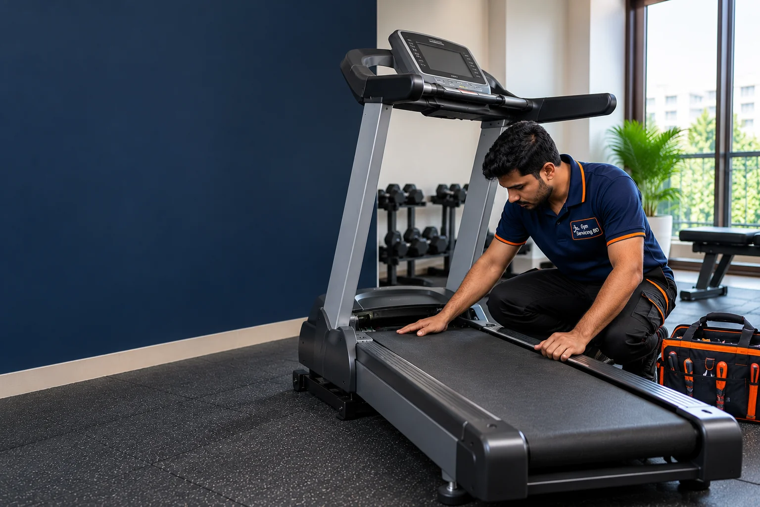 Technician inspecting a stopped treadmill in a naturally lit exercise room