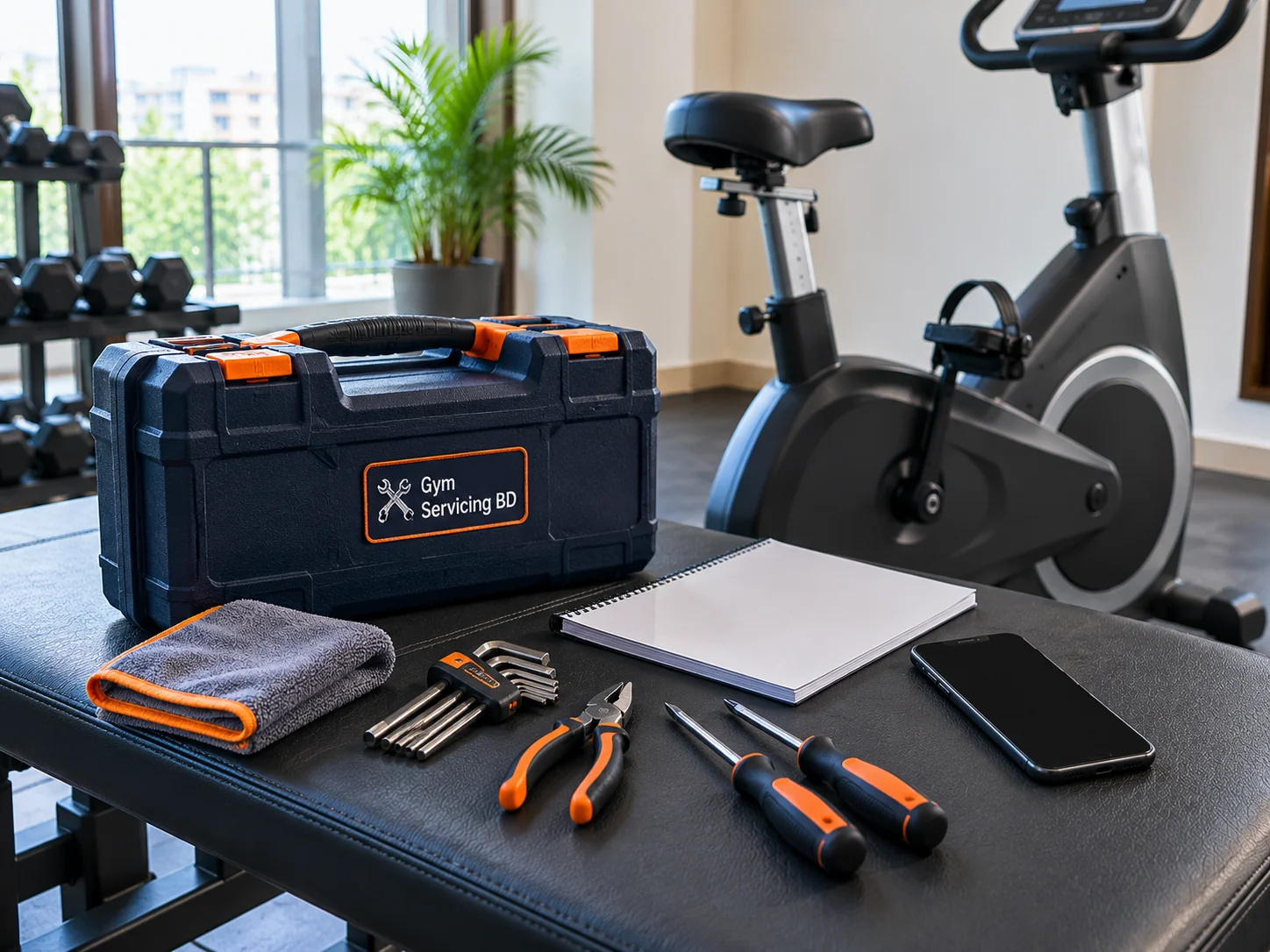 Branded tool case, manual, phone and hand tools beside a stationary exercise bike