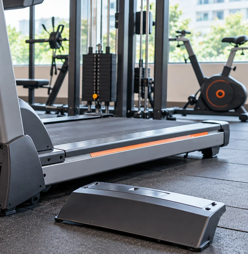 Stationary exercise bike and cable machine in an indoor fitness area