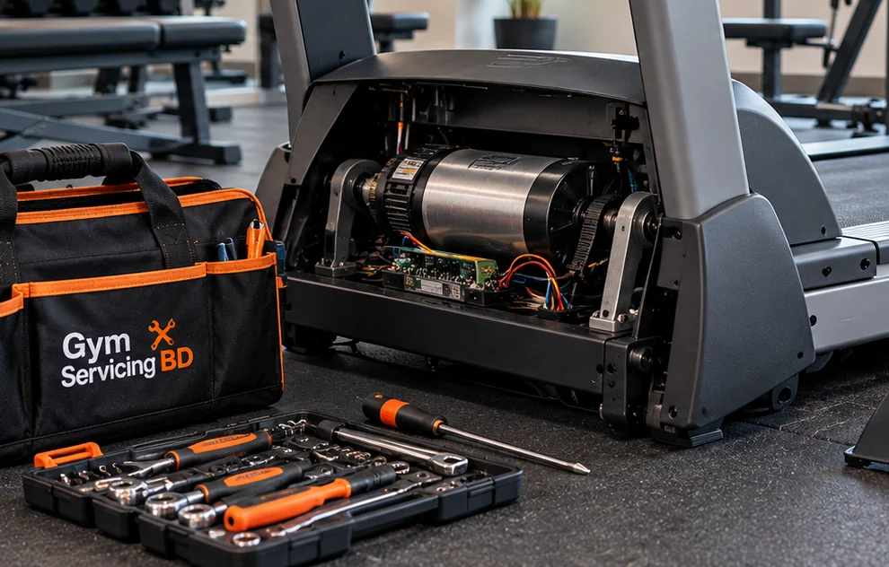 Close view of an isolated treadmill drive assembly beside a branded tool case