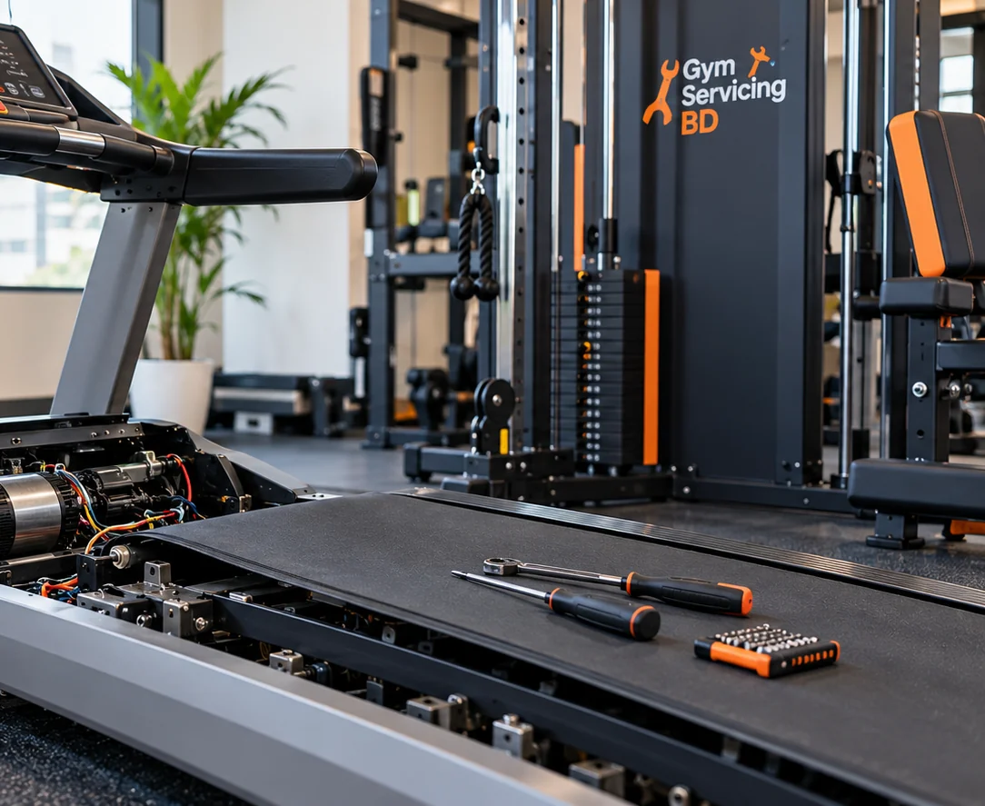 Stationary treadmill and cable station in a clean indoor gym service setting