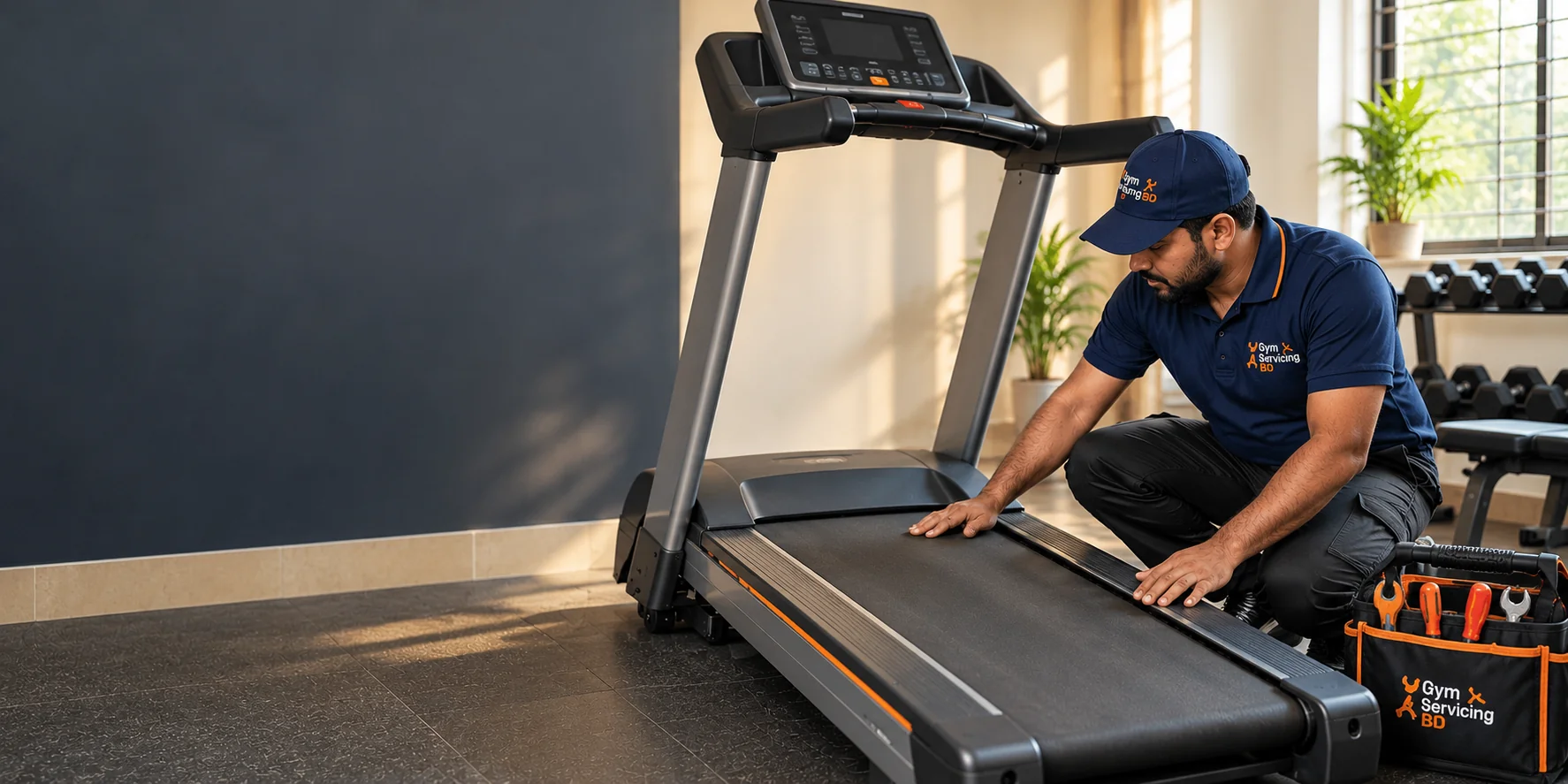Technician inspecting the running belt of a stopped treadmill in a daylight gym