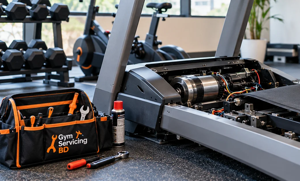 Branded gym service tools set beside a stopped treadmill awaiting inspection