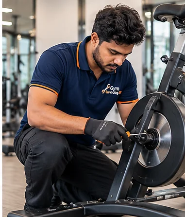 Technician examining the flywheel area of a stationary exercise bike indoors