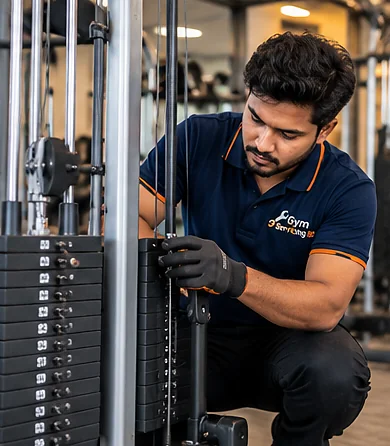 Technician inspecting a stationary cable strength machine with its weight stack at rest