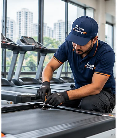 Gym equipment technician examining a stopped treadmill in an indoor training area
