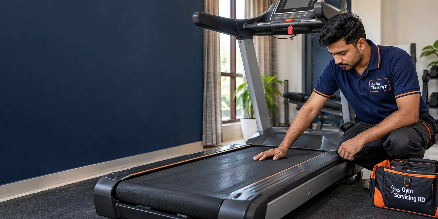 Technician inspecting the belt of a stopped treadmill in an indoor gym space