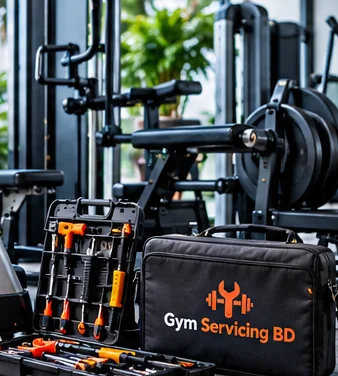 Stationary fitness equipment and a closed branded service bag in a gym interior.