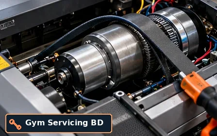 Close view of a stationary treadmill drive assembly and belt.
