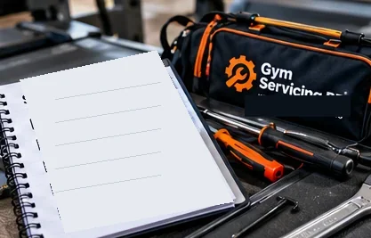 Blank service request sheet beside a Gym Servicing BD tool bag and work tools.