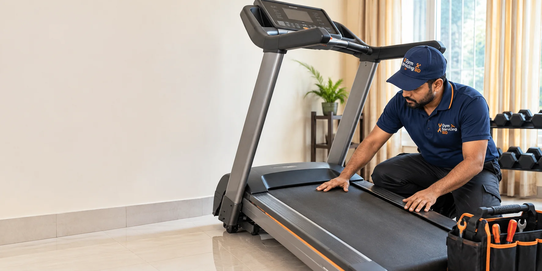Technician in navy workwear looking at a stopped treadmill in an apartment exercise room.