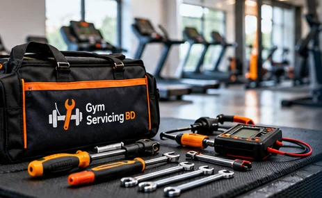 Closed black and orange tool bag and neatly prepared hand tools in a gym.