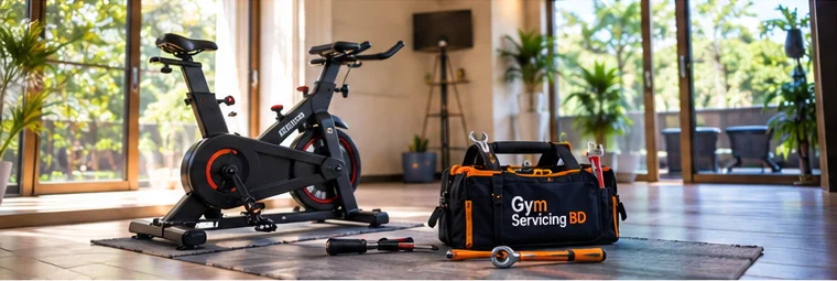Stationary exercise bike and Gym Servicing BD tool bag in a tidy exercise area