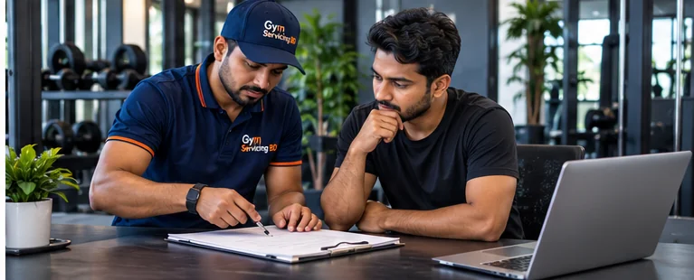 Two adults discussing a service enquiry sheet at a desk inside a gym