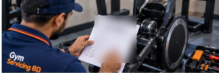 Technician reviewing an inspection sheet beside a stationary exercise machine