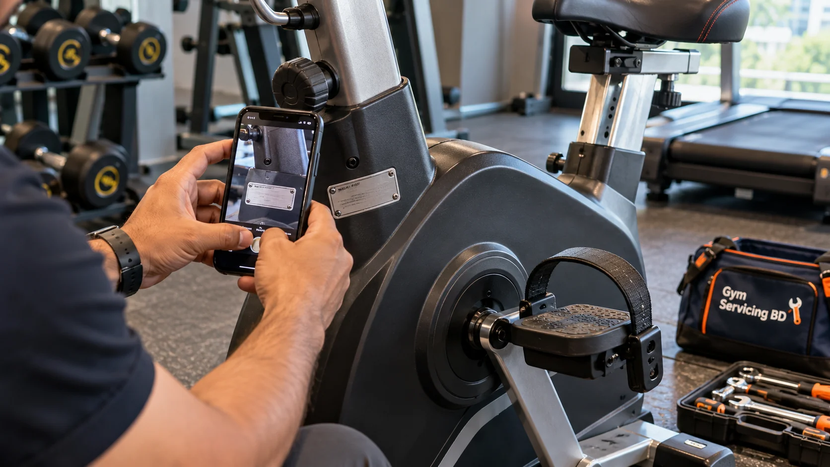 Hands photographing the identification plate on a stationary exercise bike