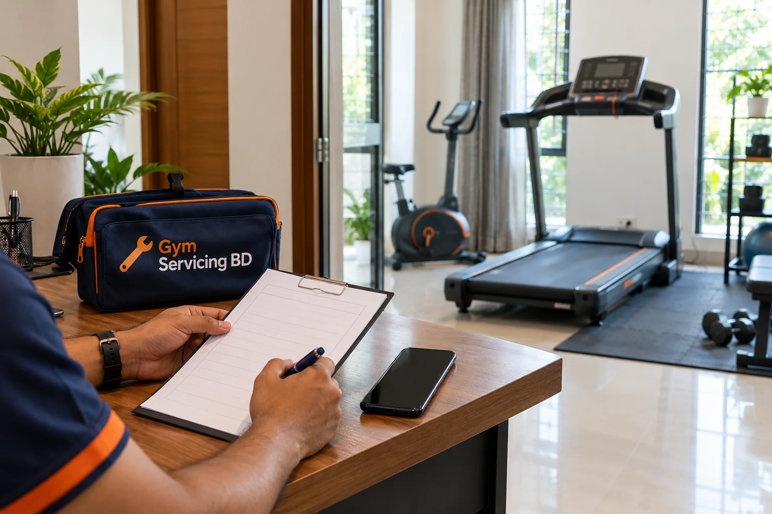 A person recording a gym service enquiry on a clipboard beside a treadmill