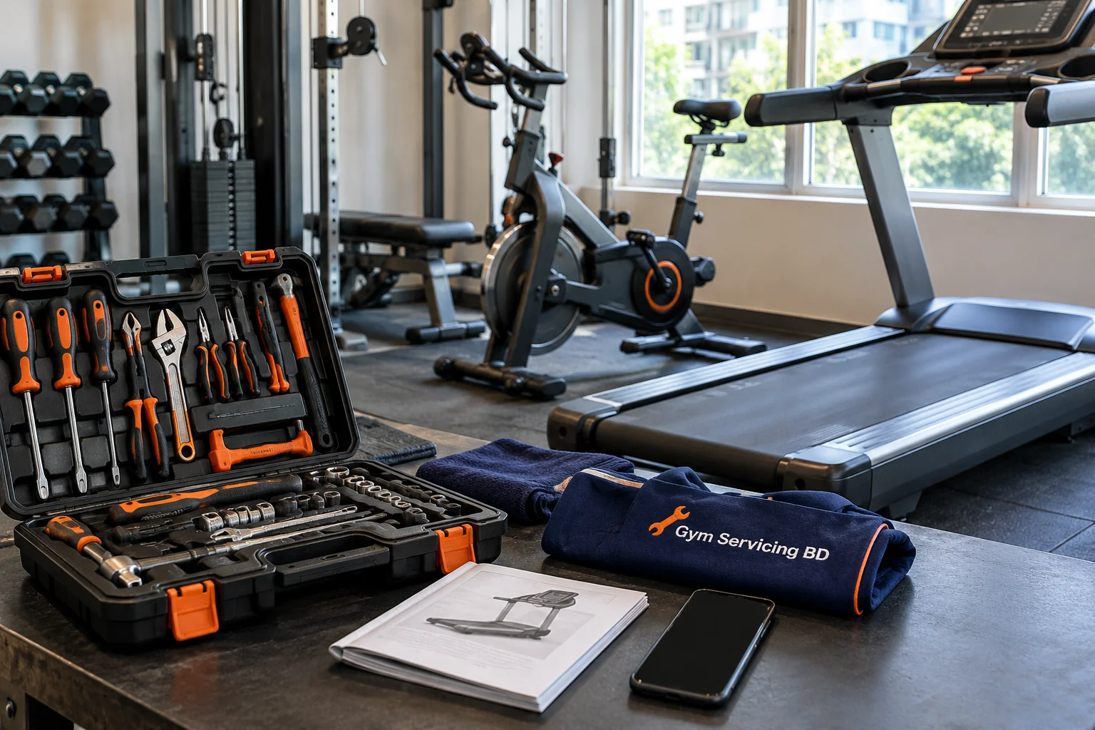 Tool kit, machine manual and phone laid out near stationary gym machines