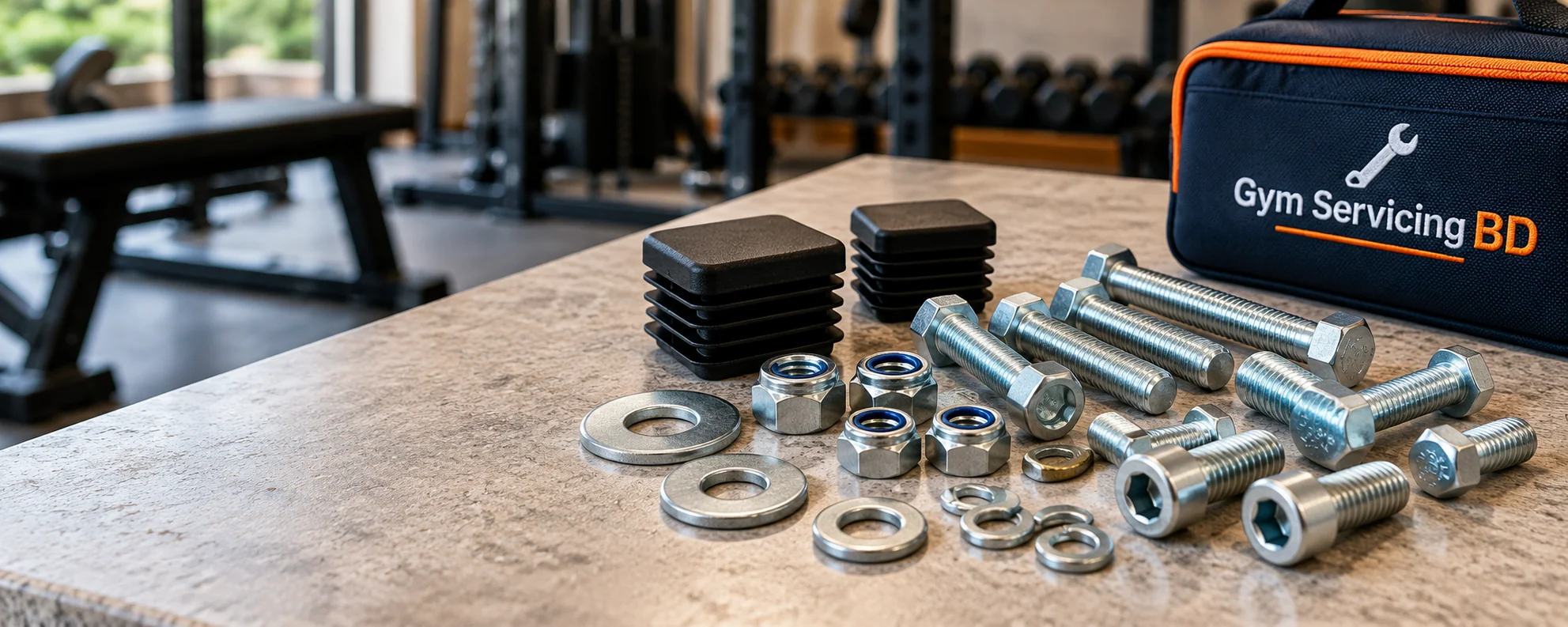 Bolts, lock nuts, washers and gym frame end caps on a service workbench with a Gym Servicing BD tool pouch.