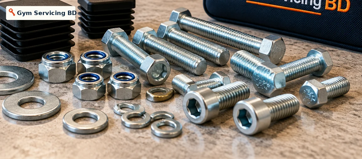 Close view of threaded steel bolts, lock nuts, washers and black square gym frame end caps laid out separately.