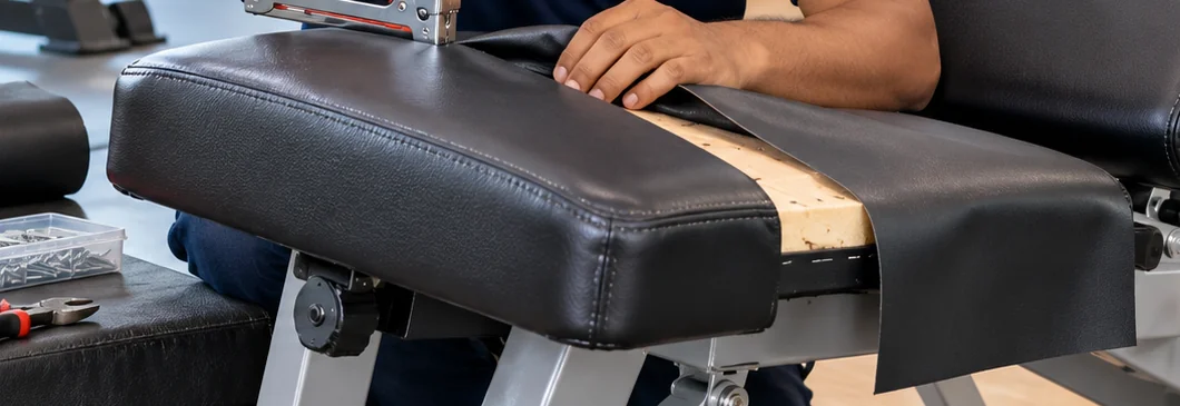 Close view of a black bench pad, loose vinyl cover and tools during upholstery fitting