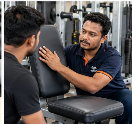 Technician discussing a gym machine seat pad with an equipment owner in a gym