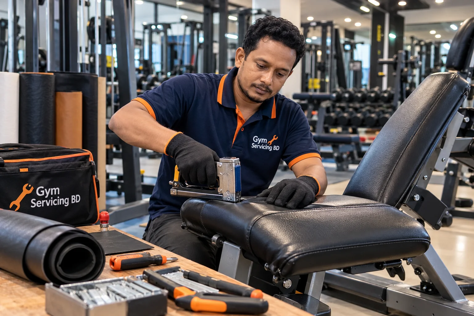Technician preparing tools and cover material beside a stationary black gym seat and adjustable bench