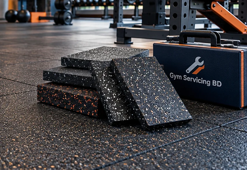Rubber gym flooring sample slabs beside a branded service case ready for enquiry