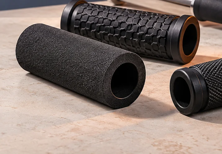 Close detail of a black gym handle foam grip showing its porous surface and open inner bore