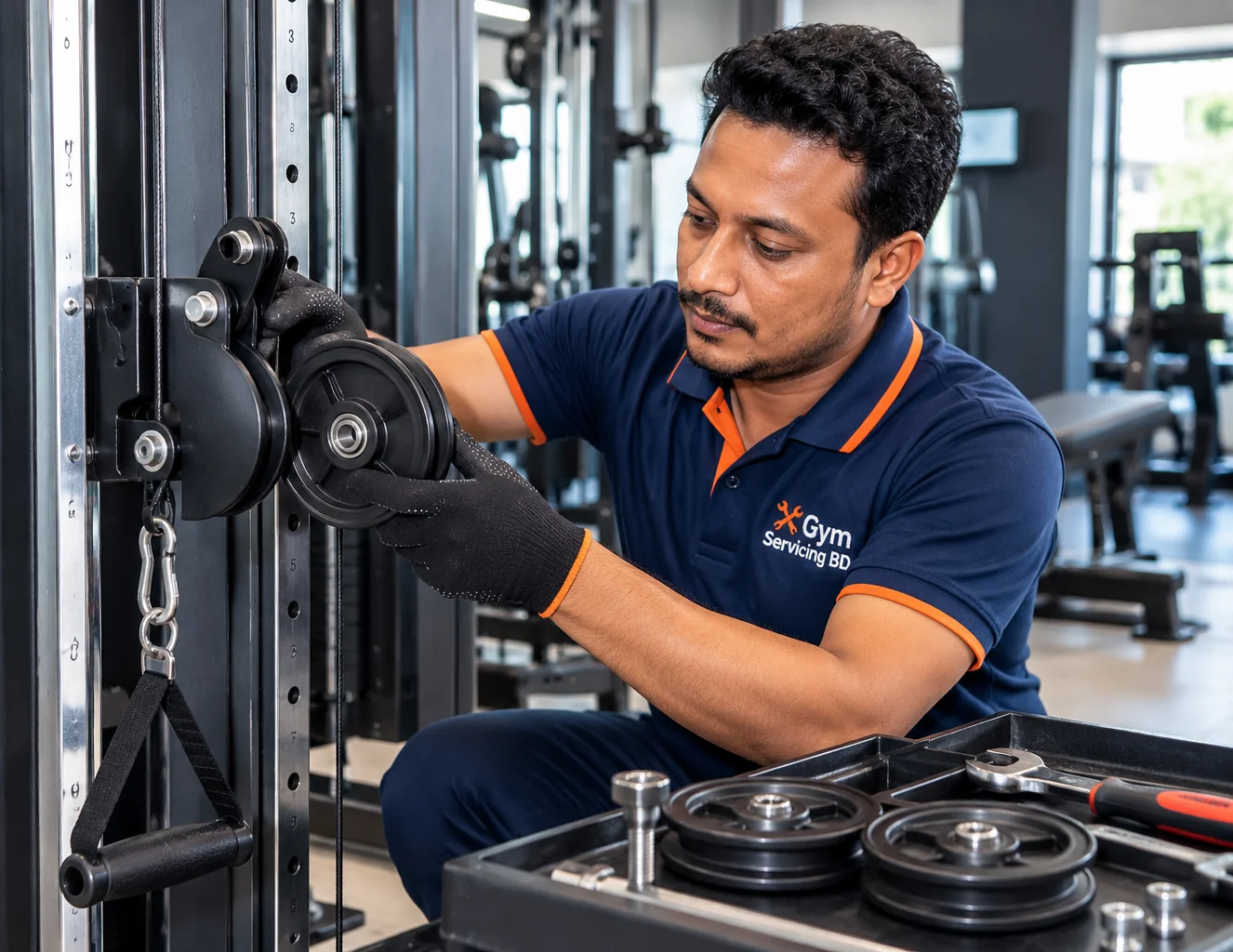 Technician comparing replacement pulley hardware at a stopped cable-machine station