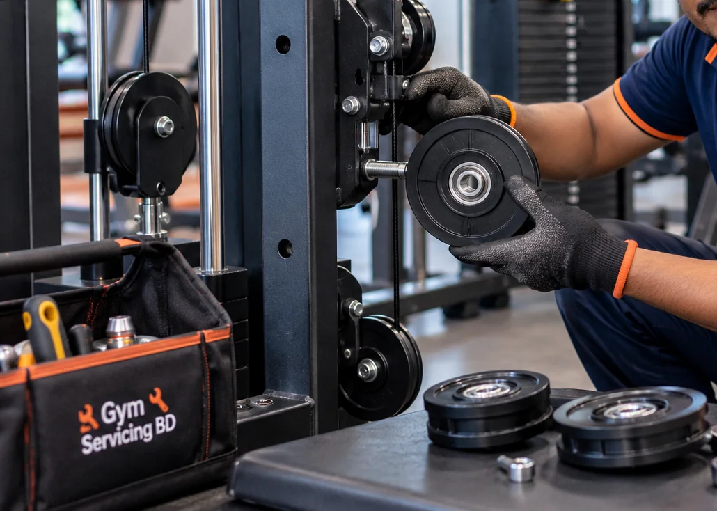 Cable pulley wheel, bearing bore and mounting hardware being checked on a stopped machine