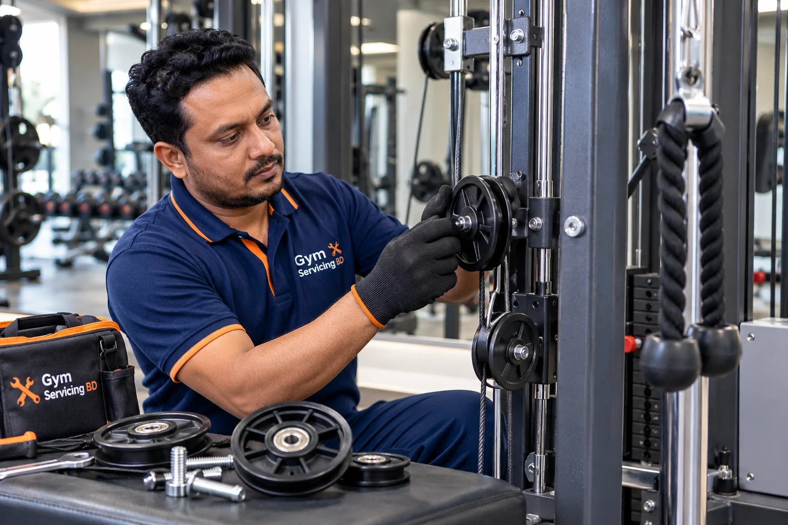 Technician checking the mounted pulley and cable route beside laid-out service parts