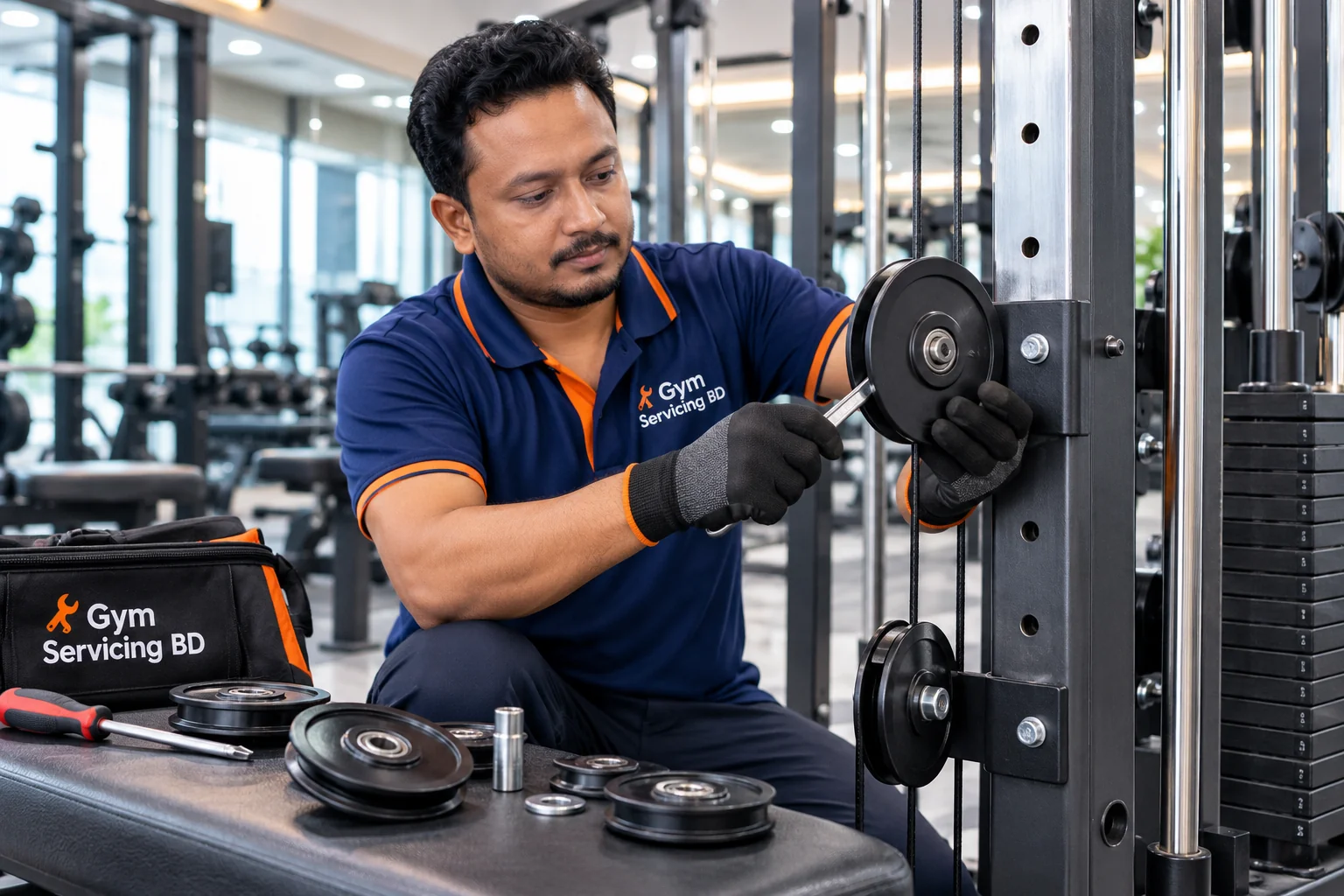 Technician with separate pulley wheels and tools beside an unloaded cable machine