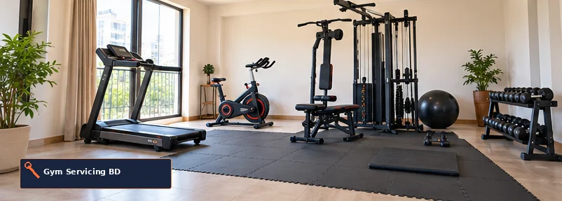 Illustrative home gym with a treadmill, exercise cycle, strength station and clear mat area.