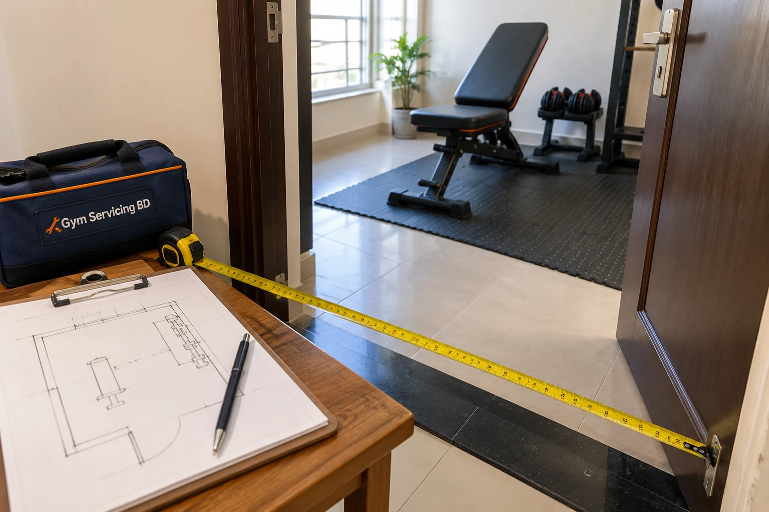 Tape measure across an apartment gym doorway beside a room plan and a Gym Servicing BD tool bag.