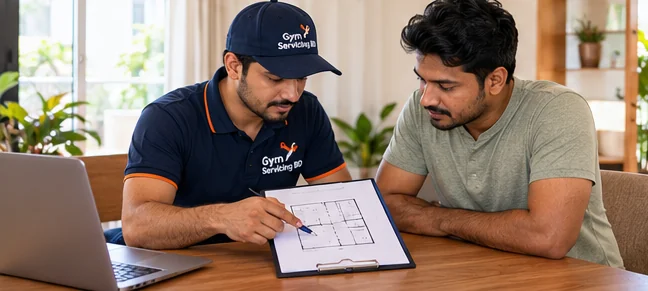 Technician in a branded cap discussing a room layout sketch with a homeowner at a table.