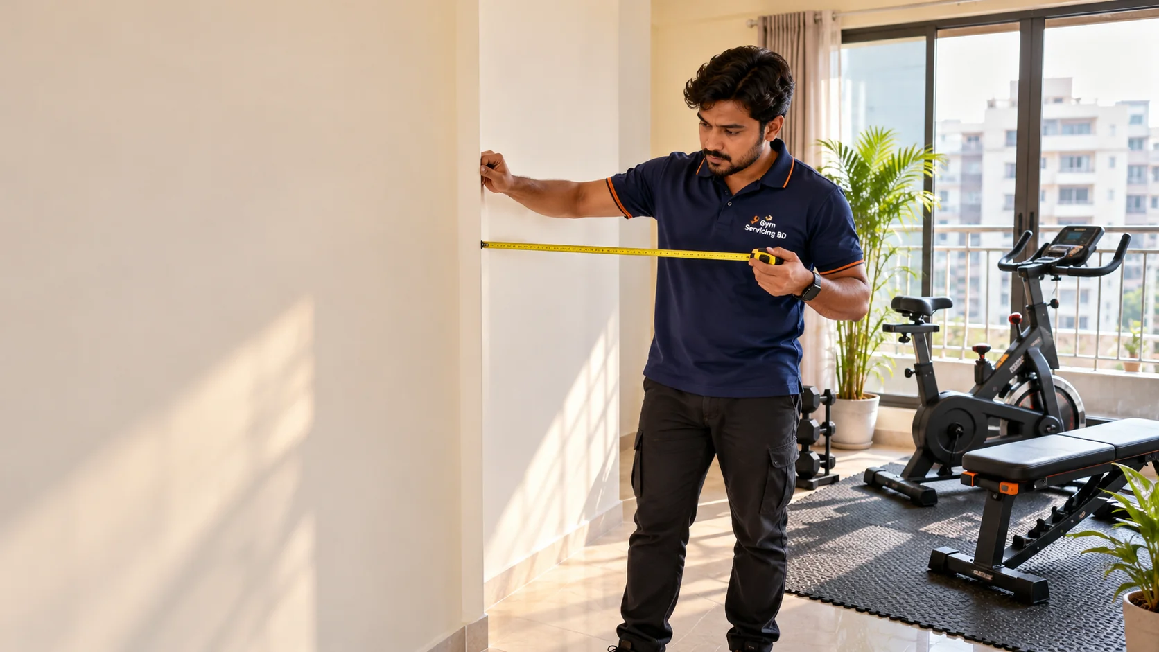 Technician measuring a wall in a bright apartment home gym, with exercise equipment near a balcony.