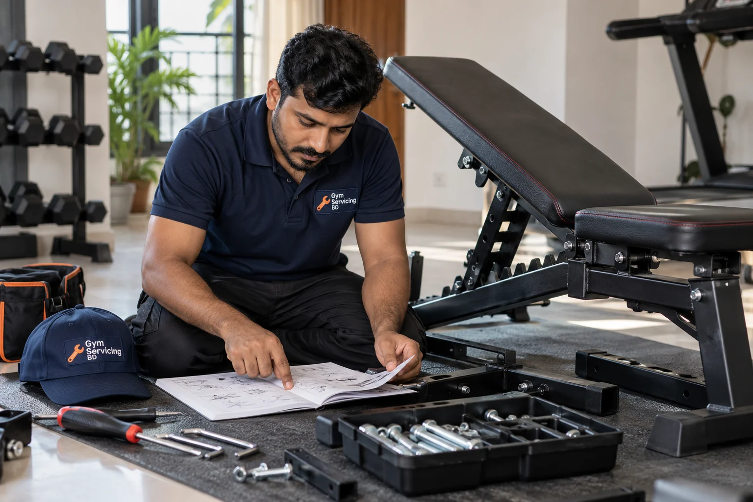 Technician checking an equipment assembly manual beside tools, hardware and an adjustable bench.