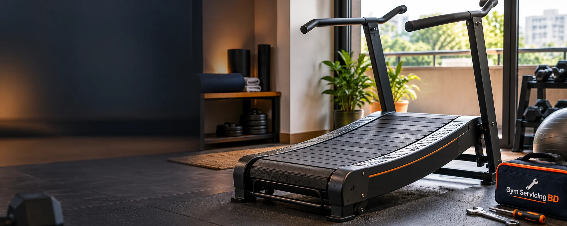 Illustrative curved manual treadmill in a home exercise room with a Gym Servicing BD tool bag