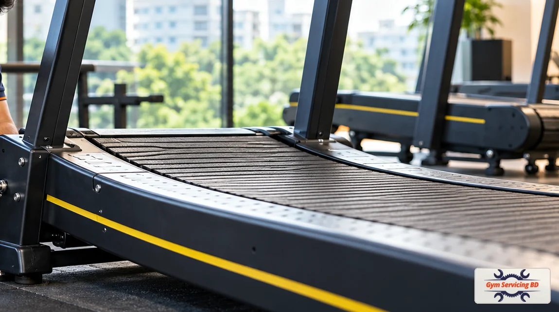 Close view of the unpowered manual treadmill deck, slatted belt and side frame