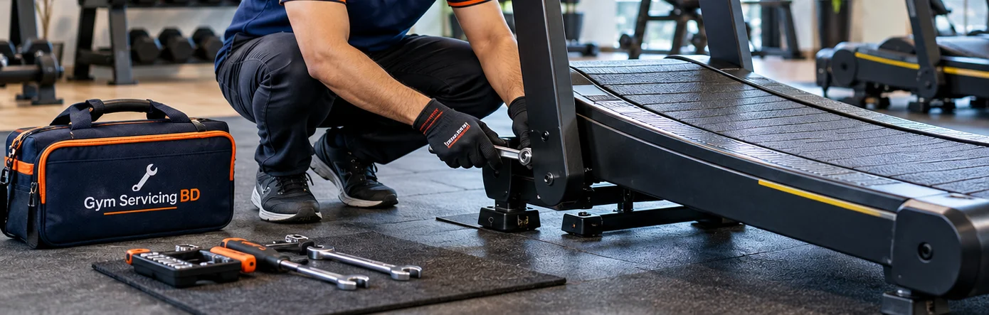 Treadmill frame, tools and Gym Servicing BD service bag arranged before equipment enquiry