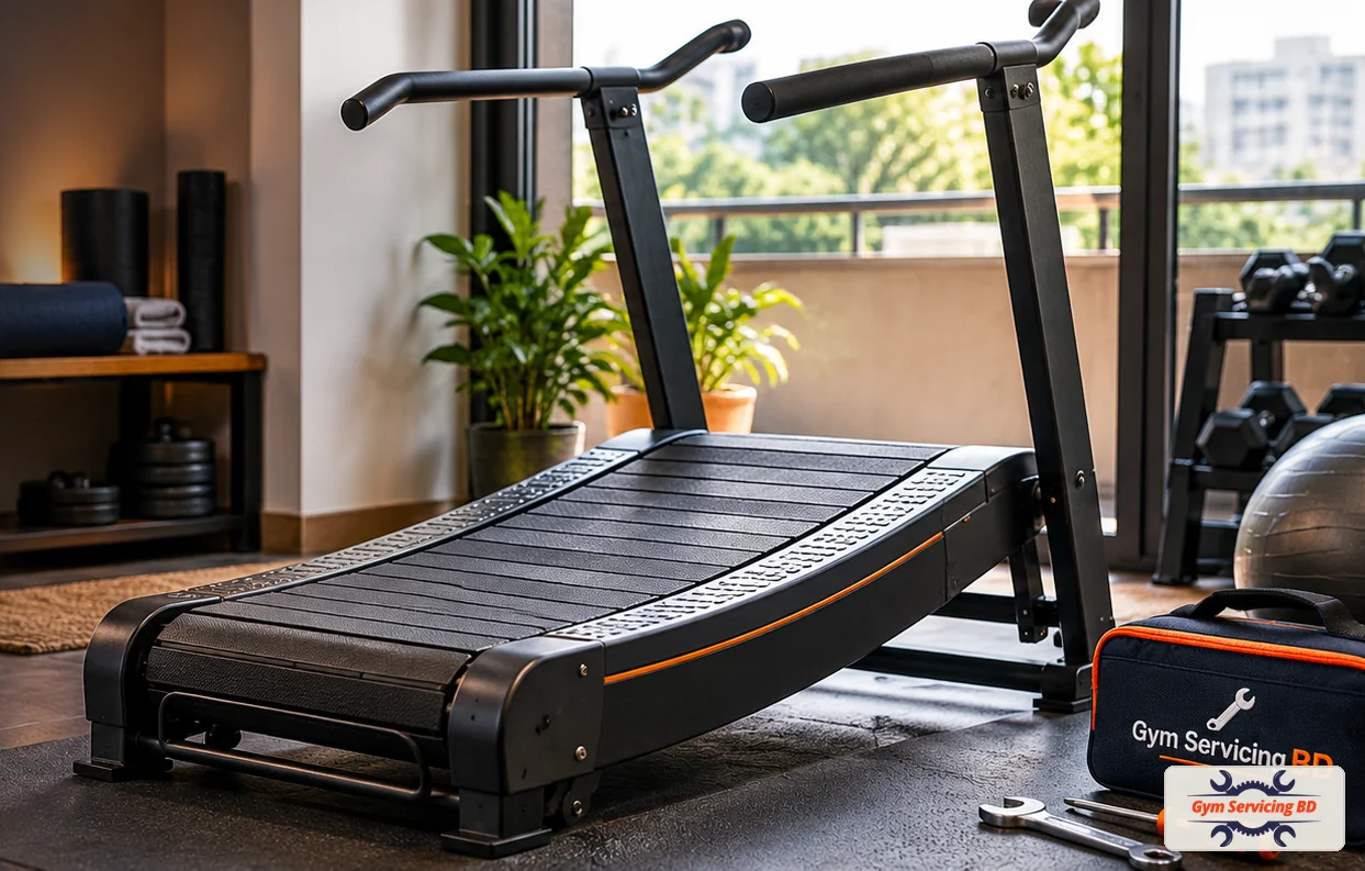 Manual treadmill positioned beside a bright apartment window with surrounding exercise space visible
