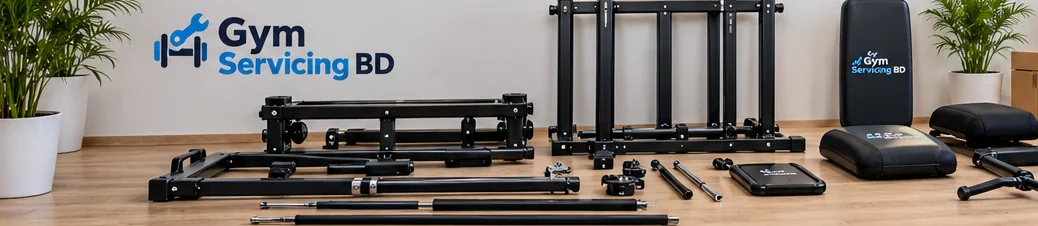 Illustrative unassembled multi-gym frame, seat pads and hardware arranged for equipment planning