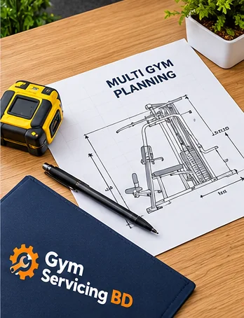 Illustrative equipment planning sheet with tape measure, pen and Gym Servicing BD folder